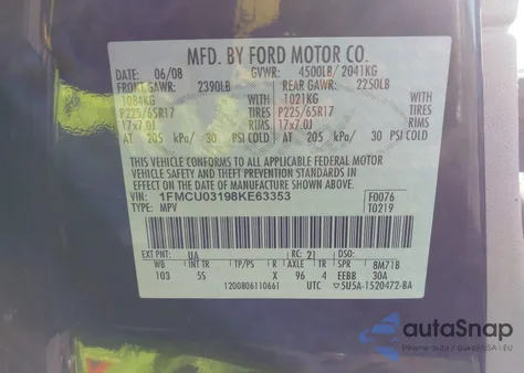 2008 Ford Escape Xlt z USA, uszkodzony, nr VIN 1FMCU03198KE63353